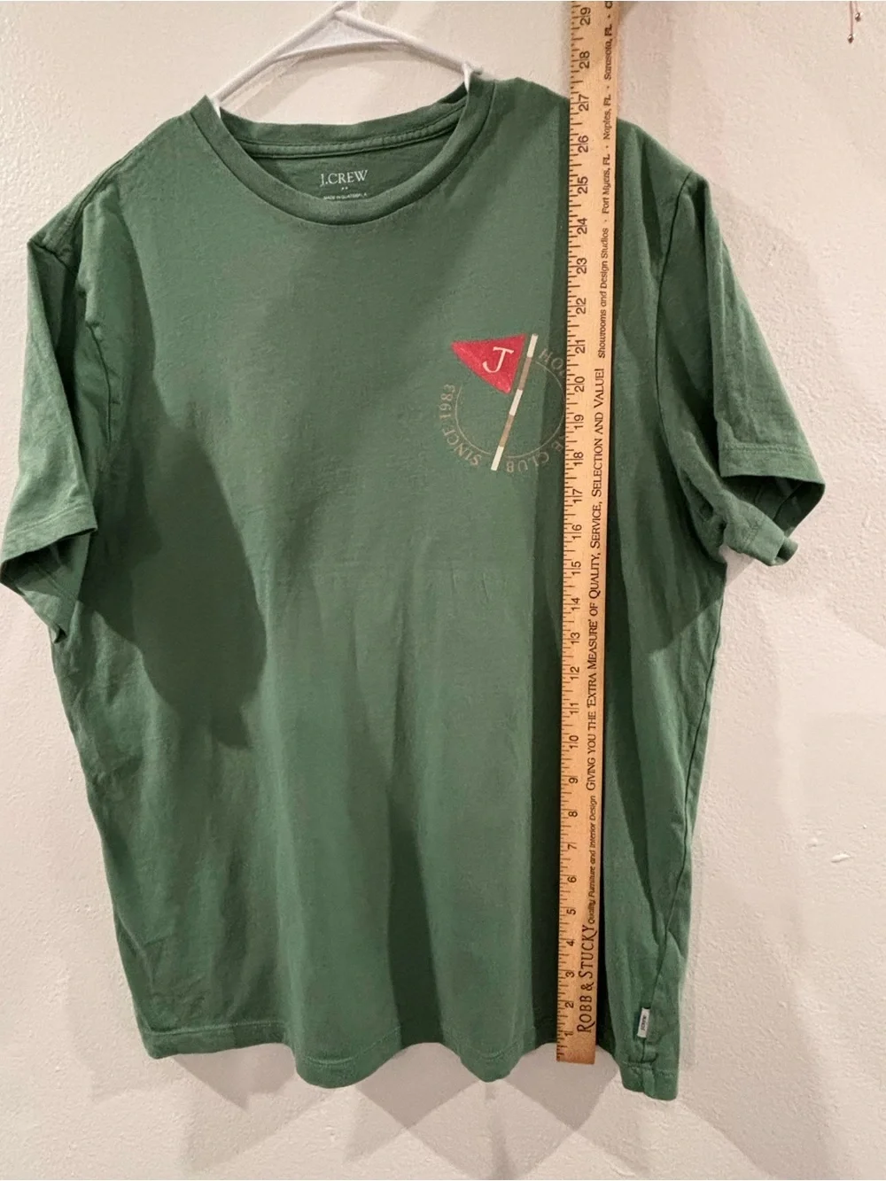 J. Crew Forest Green Short Sleeve Crewneck with Red Flag Graphic